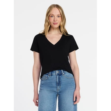 Time and Tru Women's Slub V Neck Tee with Short Sleeves, Sizes XS-XXXL