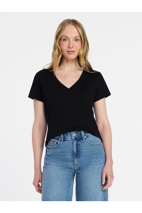 Women's V-Neck Slub Tee with Short Sleeves, Sizes XS-XXXL