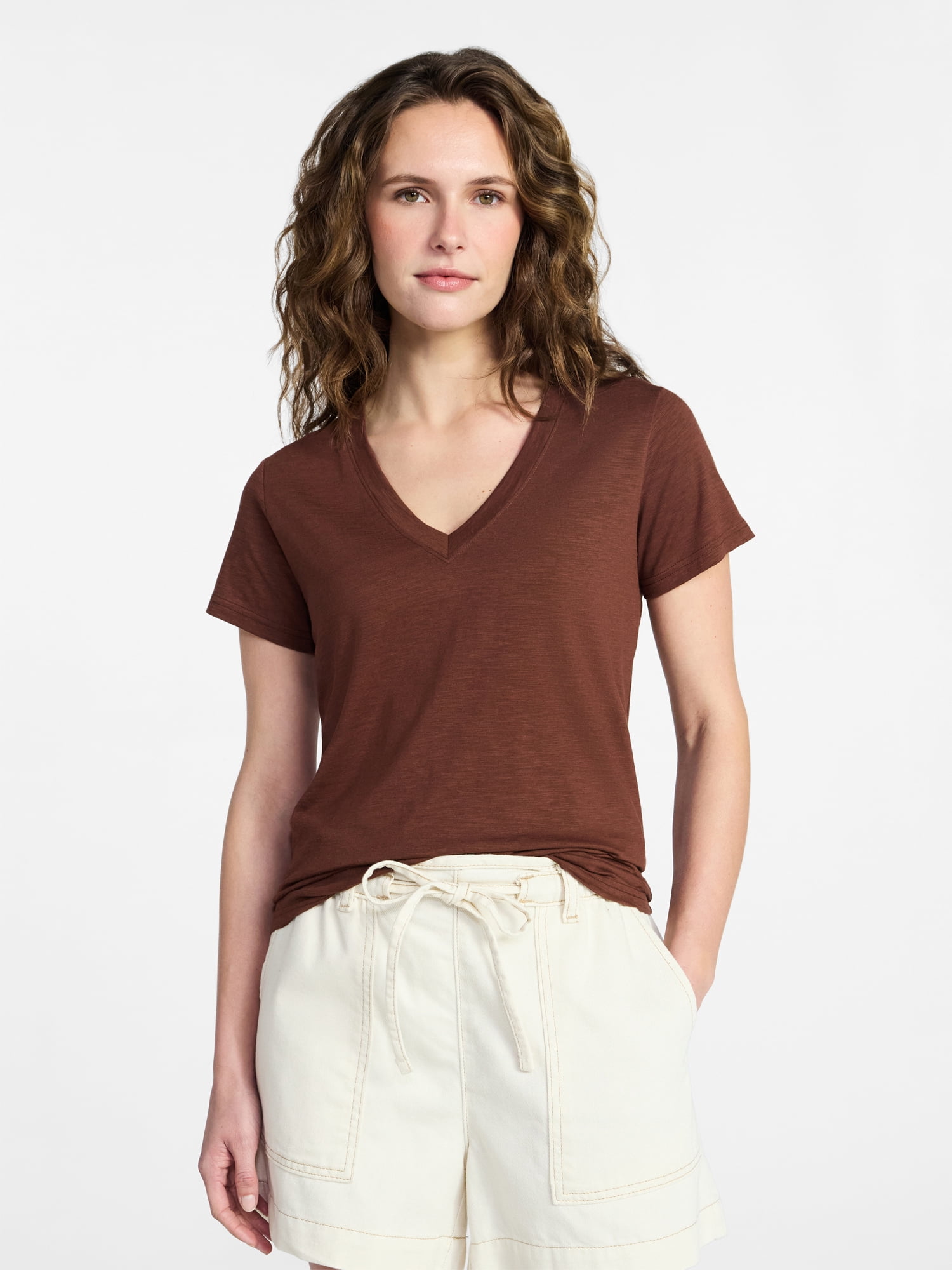 Time and Tru Women’s V-neck Slub Tee with Short Sleeves, Sizes XS-XXXL