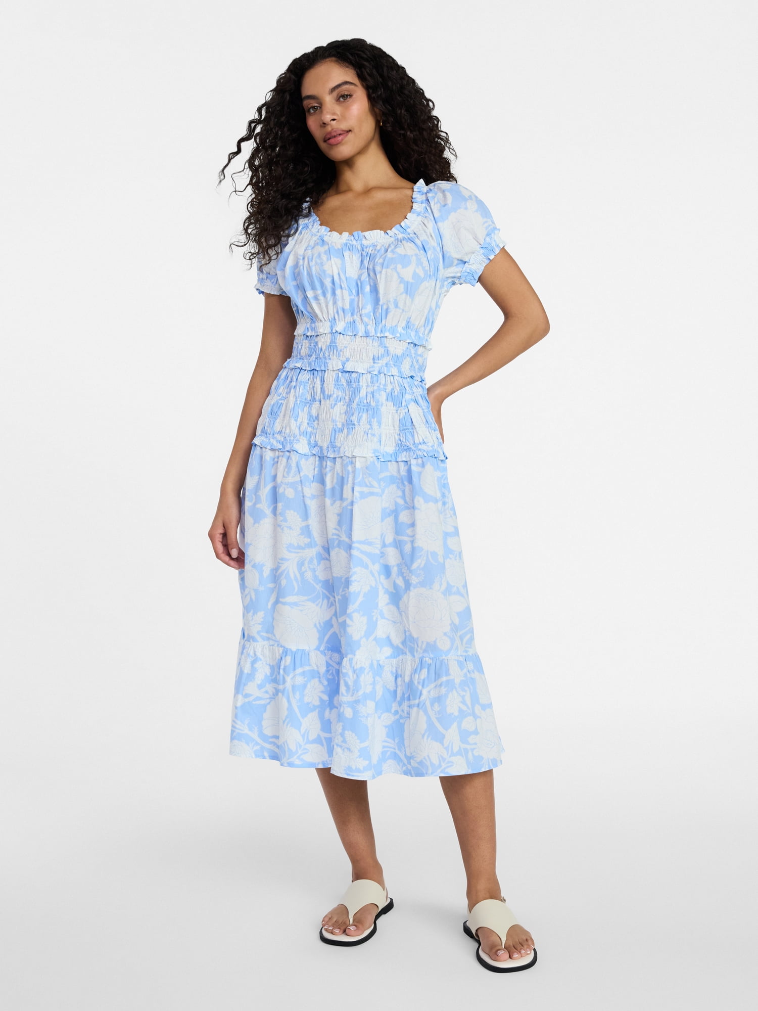 Time and Tru Women's Smocked Cotton Peasant Dress with Short Sleeves, Sizes XS-XXXL