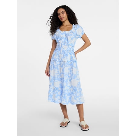 Time and Tru Women's Smocked Cotton Peasant Dress with Short Sleeves, Sizes XS-XXXL