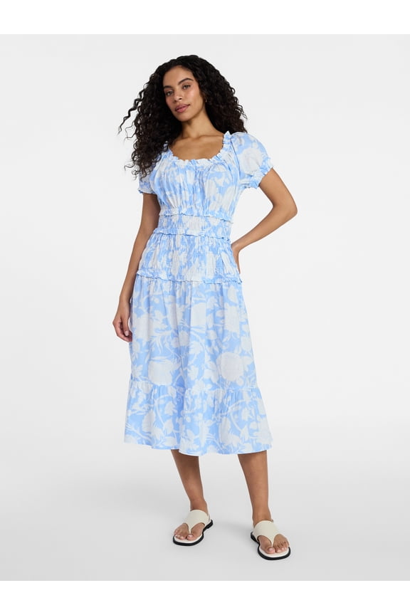 Women's Smocked Cotton Peasant Dress with Short Sleeves, Sizes XS-XXXL