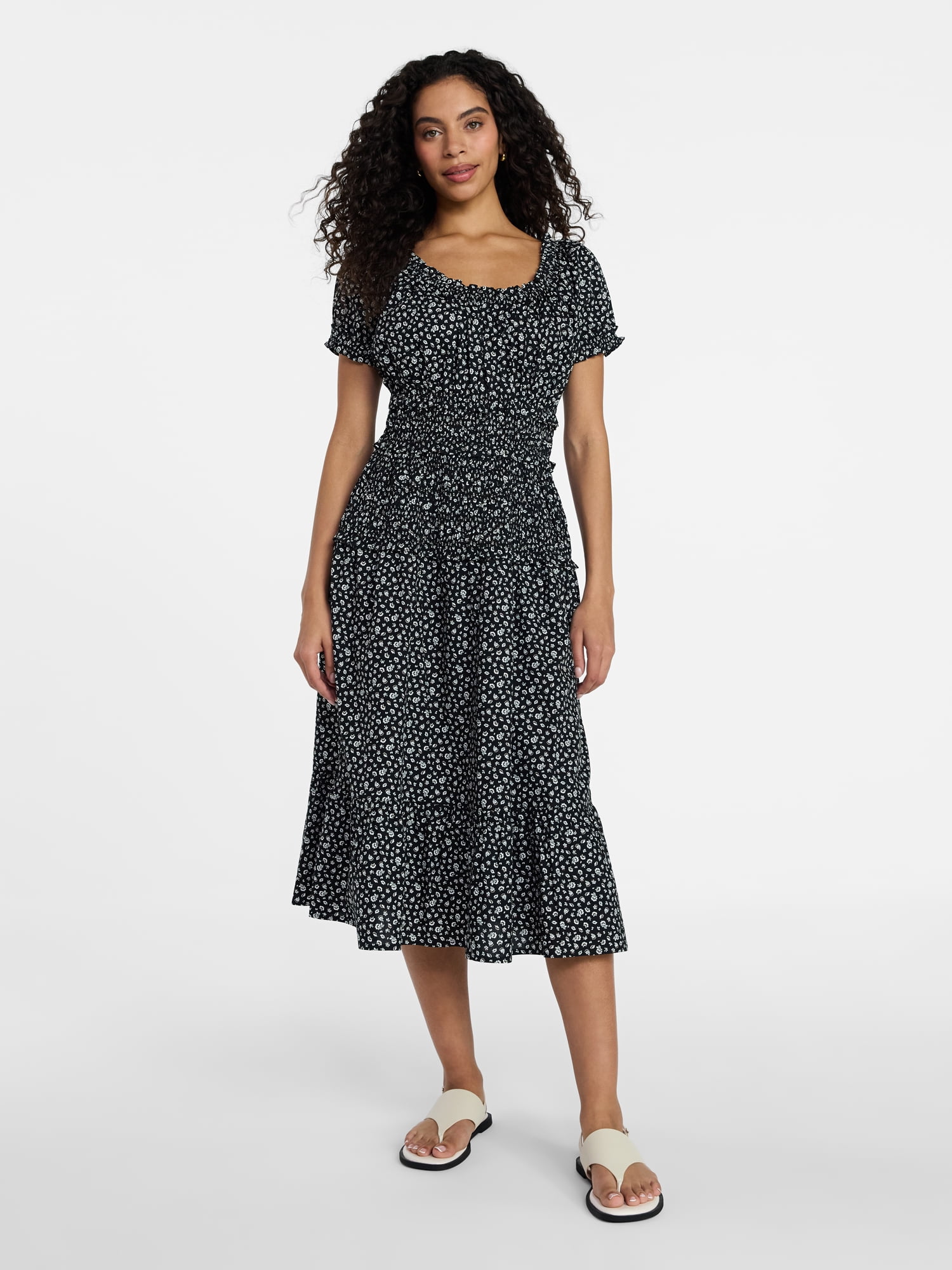 Time and Tru Women's Smocked Cotton Peasant Dress with Short Sleeves, Sizes XS-XXXL