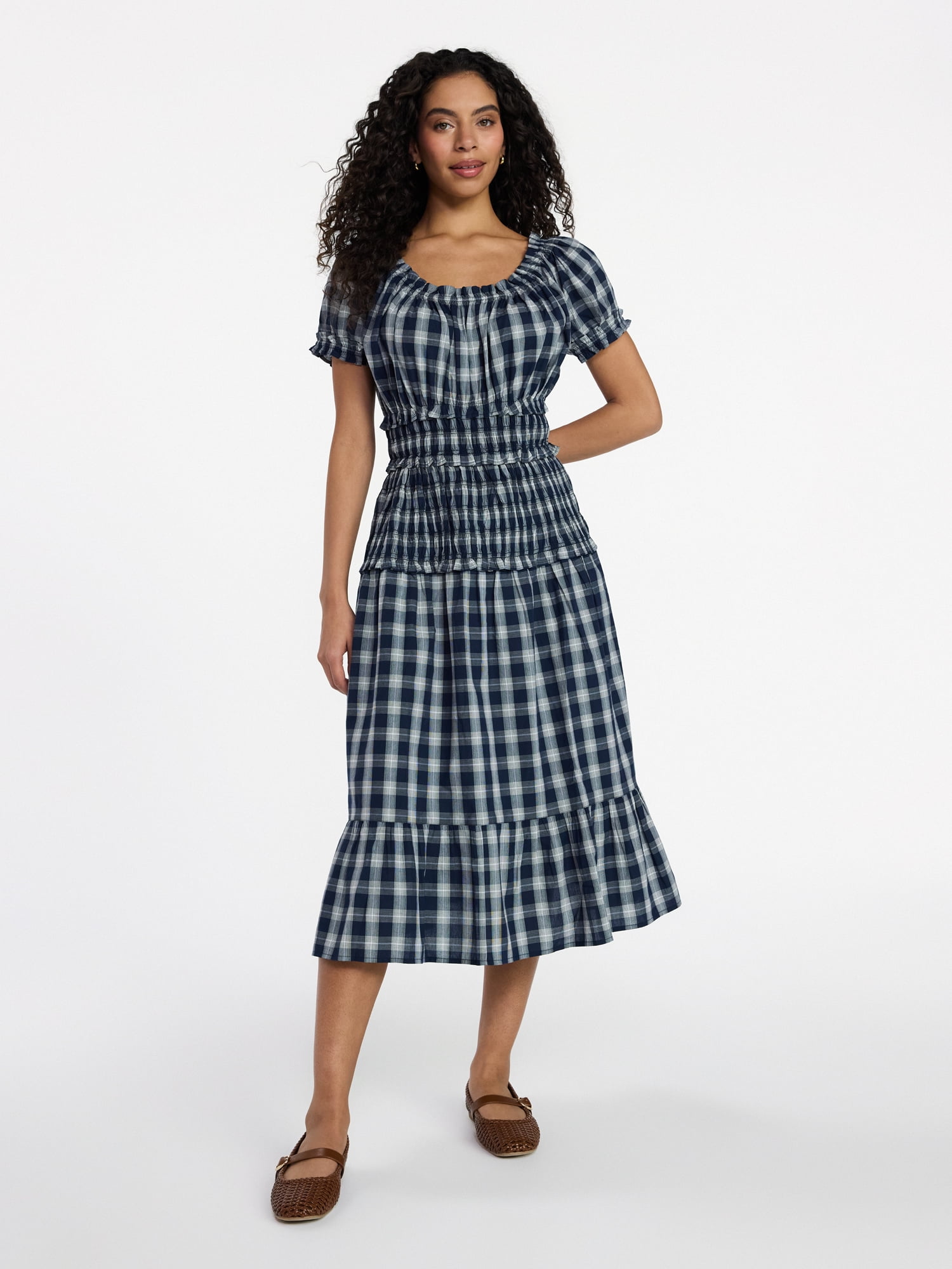 peasant smock dress Blue windowpane 85% Rayon Time and Tru Women's Smocked