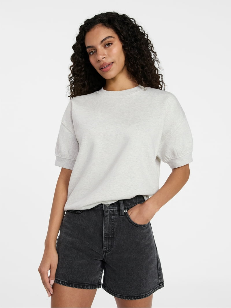 Time and Tru Women's Fleece Sweatshirt with Short Puff Sleeves