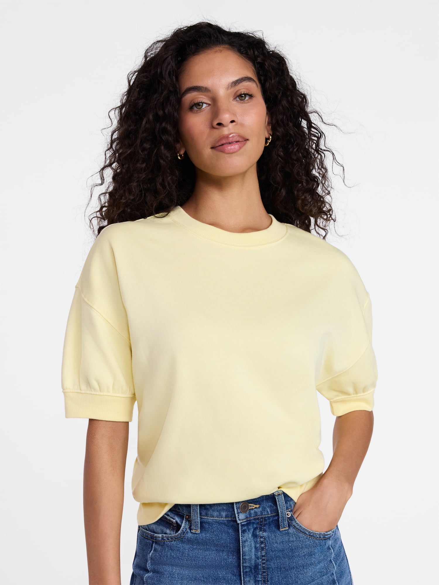 Time and Tru Women's Fleece Sweatshirt with Short Sleeves, Sizes XS-XXXL