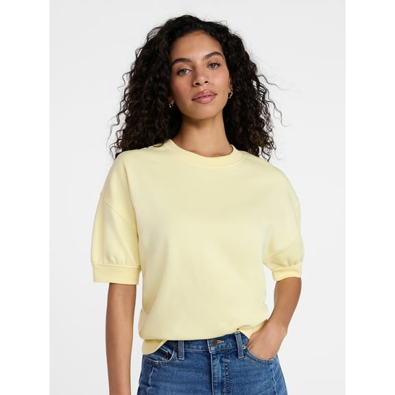 Time and Tru Women's Fleece Sweatshirt with Short Sleeves, Sizes XS-XXXL