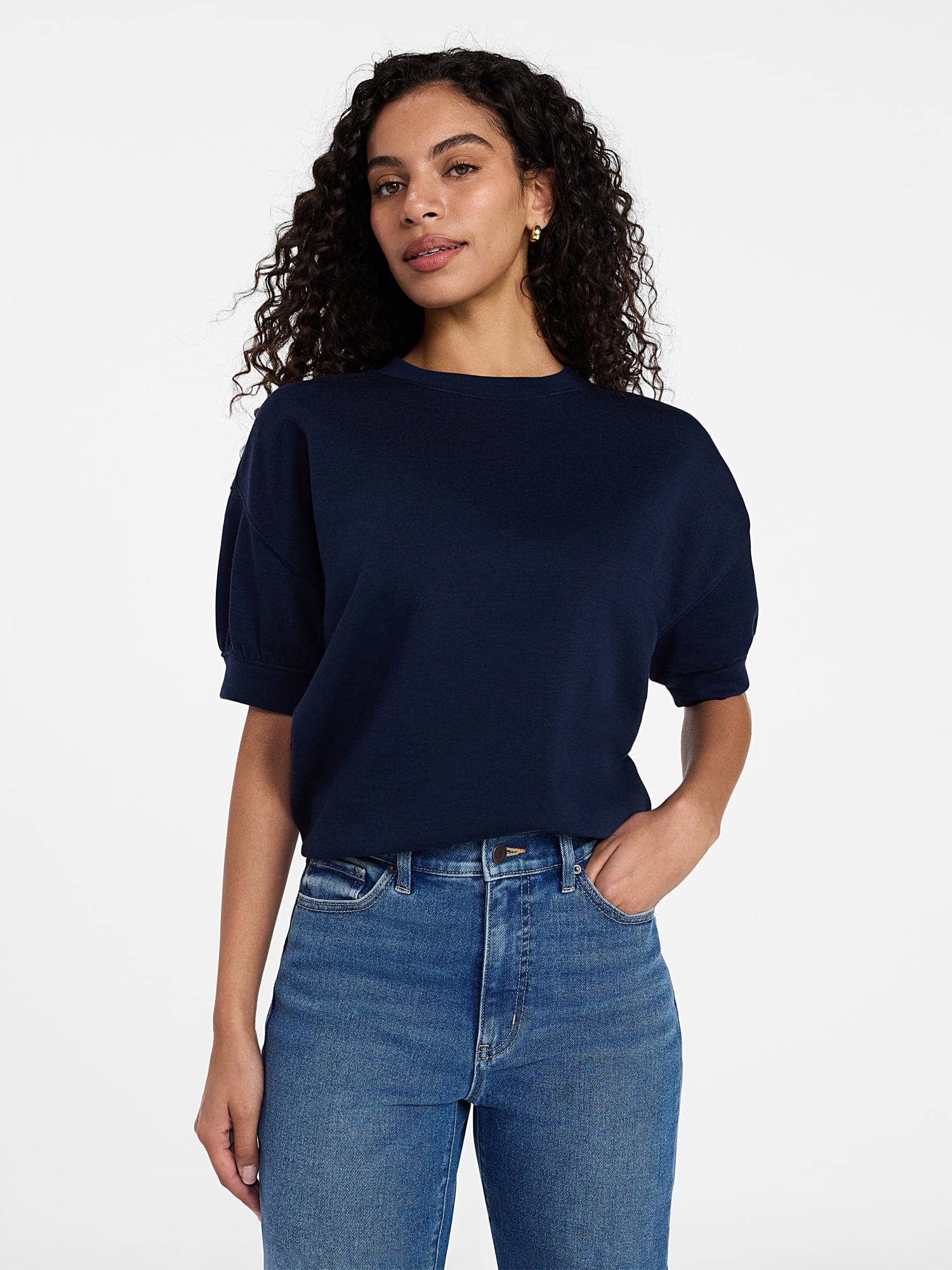 Time and Tru Women's Fleece Sweatshirt with Short Puff Sleeves, Sizes XS-XXXL