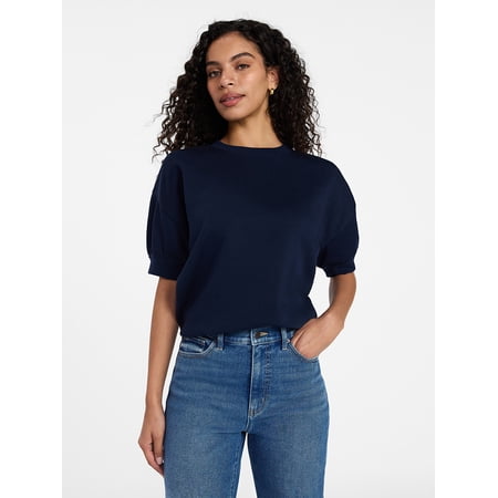 Time and Tru Women's Fleece Sweatshirt with Short Puff Sleeves, Sizes XS-XXXL