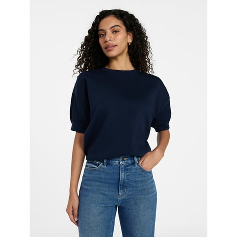 Women's Fleece Sweatshirt with Short Puff Sleeves, Sizes XS-XXXL