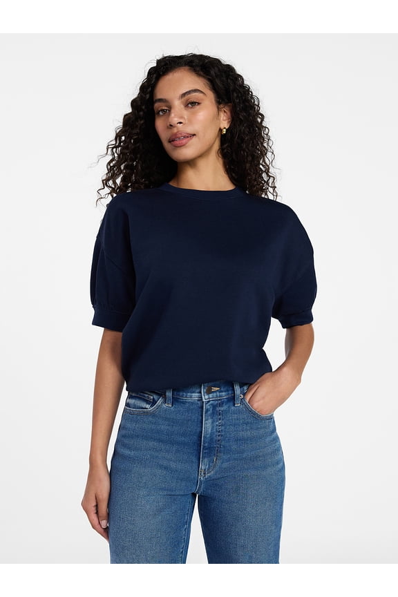 Women's Fleece Sweatshirt with Short Puff Sleeves, Sizes XS-XXXL