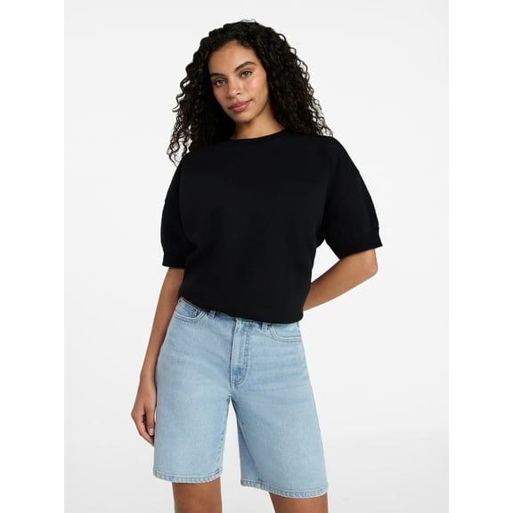 Time and Tru Women's Fleece Sweatshirt with Short Sleeves, Sizes XS-XXXL