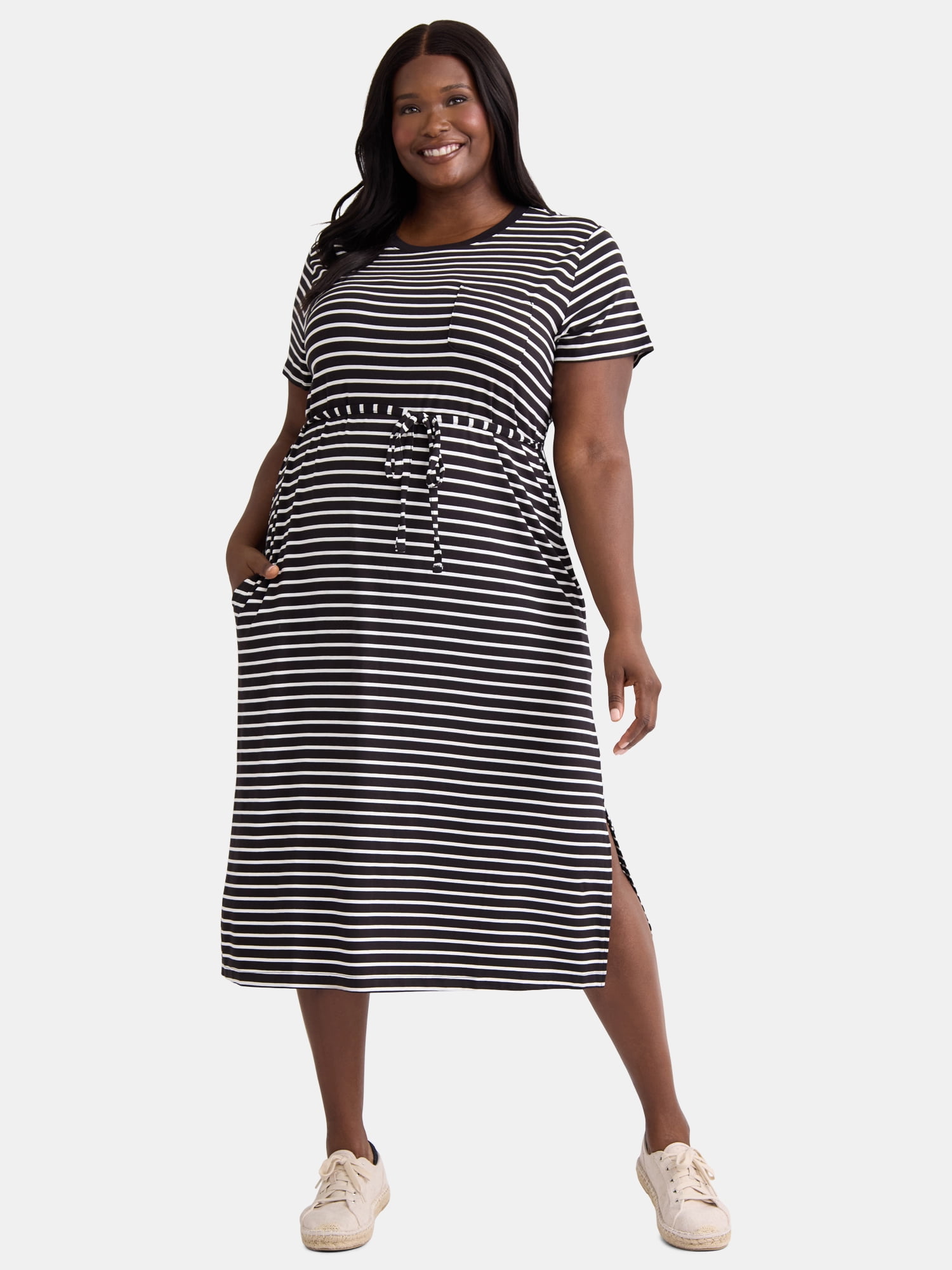 Time and Tru Women's and Women's Plus Belted Dress with Short Sleeves, Sizes XS-4X