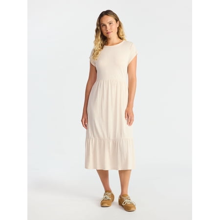 Time And Tru Women's Tiered Cotton Midi Dress with Short Sleeves, Sizes XS-XXXL