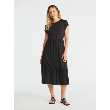 Time And Tru Women's Tiered Cotton Midi Dress with Short Sleeves, Sizes XS-XXXL