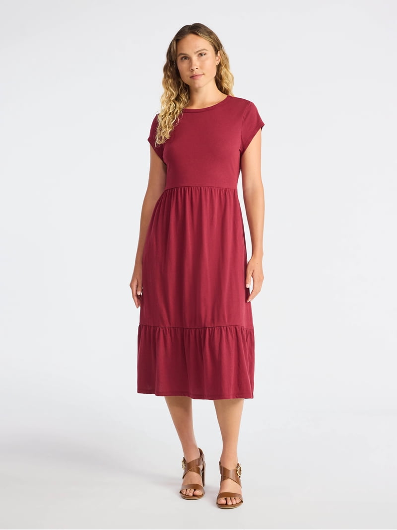 Time And Tru Women's Tiered Cotton Midi Dress with Short Sleeves, Sizes  XS-XXXL - Walmart.com