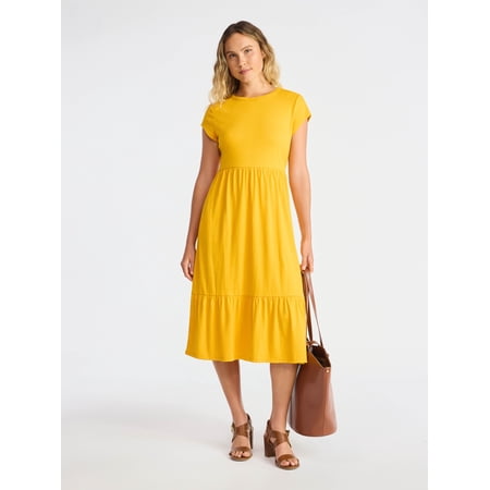 Time And Tru Women's Tiered Cotton Midi Dress with Short Sleeves, Sizes XS-XXXL