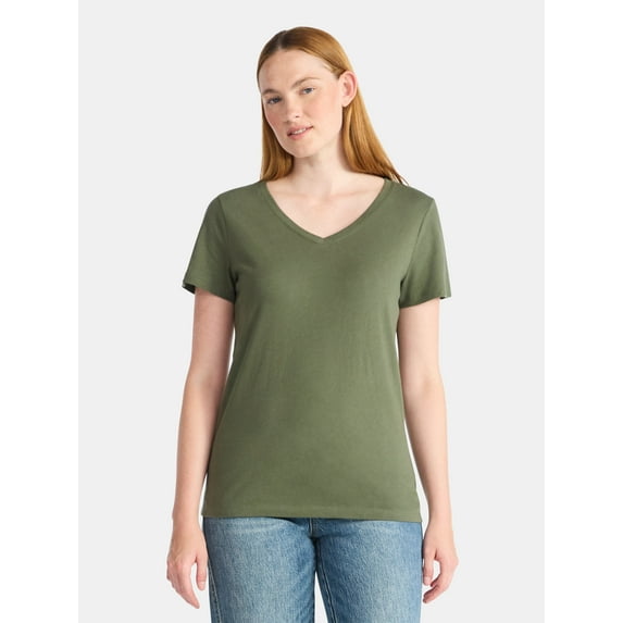 Time and Tru Women's Cotton V-Neck Tee with Short Sleeves,Sizes XS-XXXL