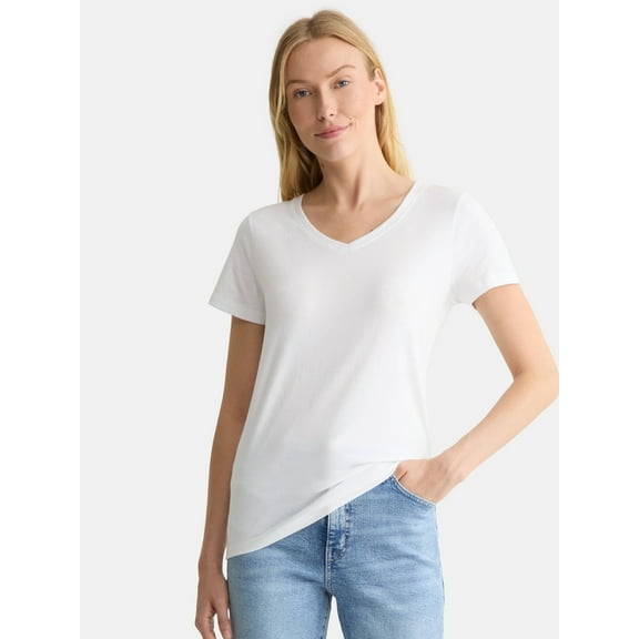 Time and Tru Women's Cotton V-Neck Tee with Short Sleeves, Sizes XS-XXXL