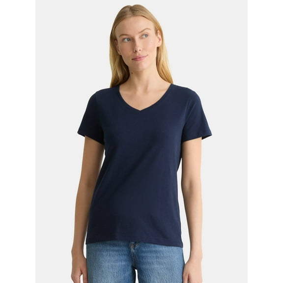 Time and Tru Women's Cotton V-Neck Tee with Short Sleeves, Sizes XS-XXXL