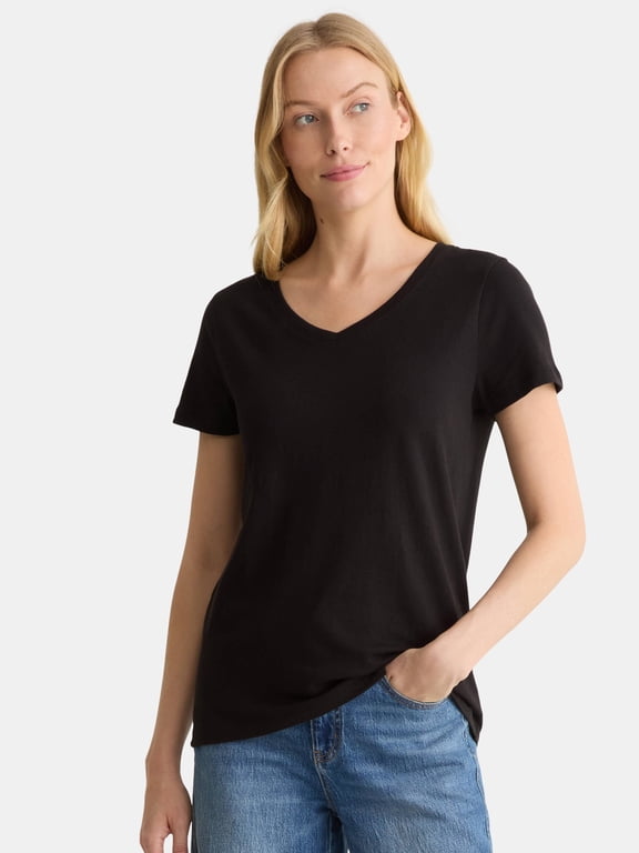Women's Cotton V-Neck Tee with Short Sleeves, Sizes XS-4X