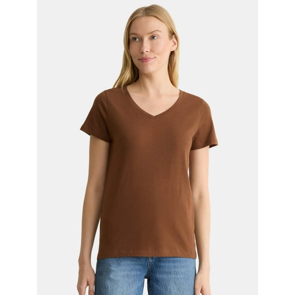 Time and Tru Women's Cotton V-Neck Tee with Short Sleeves, Sizes XS-XXXL