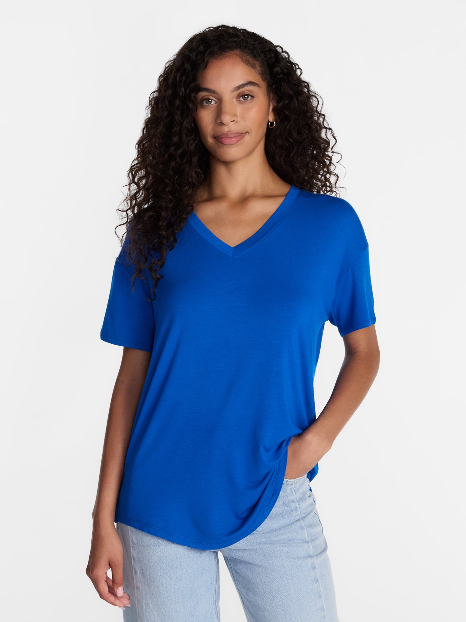 Time and Tru Women's V-Neck Tunic Tee with Short Sleeves, Sizes XS-XXXL