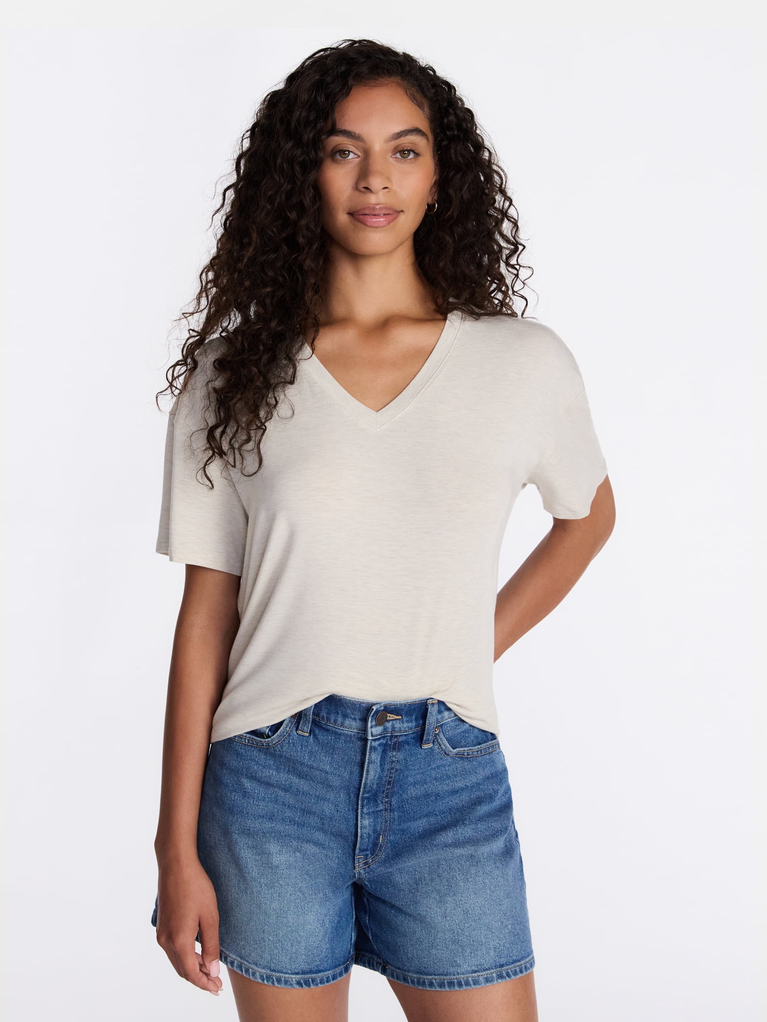 Time and Tru Women's V-Neck Tunic Tee with Short Sleeves, Sizes XS-XXXL