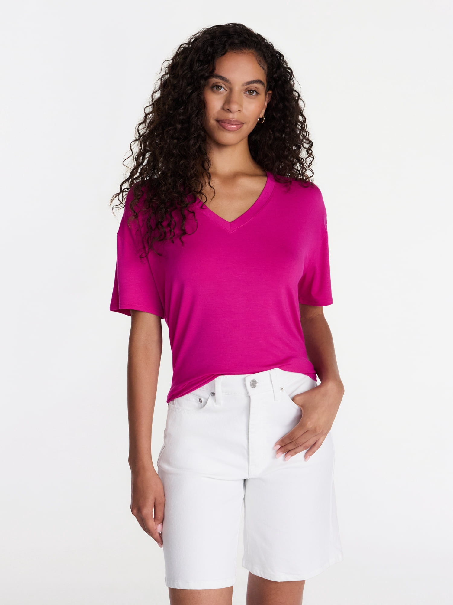 Time and Tru Women's V-Neck Tunic Tee with Short Sleeves, Sizes XS-XXXL
