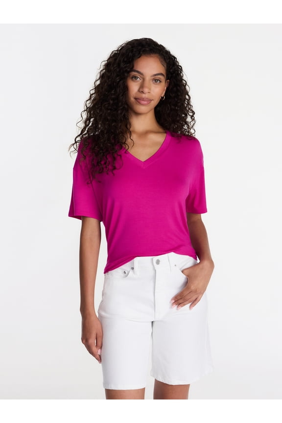 Women's V-Neck Tunic Tee with Short Sleeves, Sizes XS-XXXL