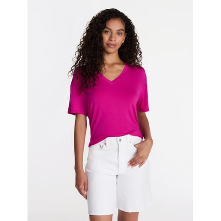 Time and Tru Women's V-Neck Tunic Tee with Short Sleeves, Sizes XS-XXXL