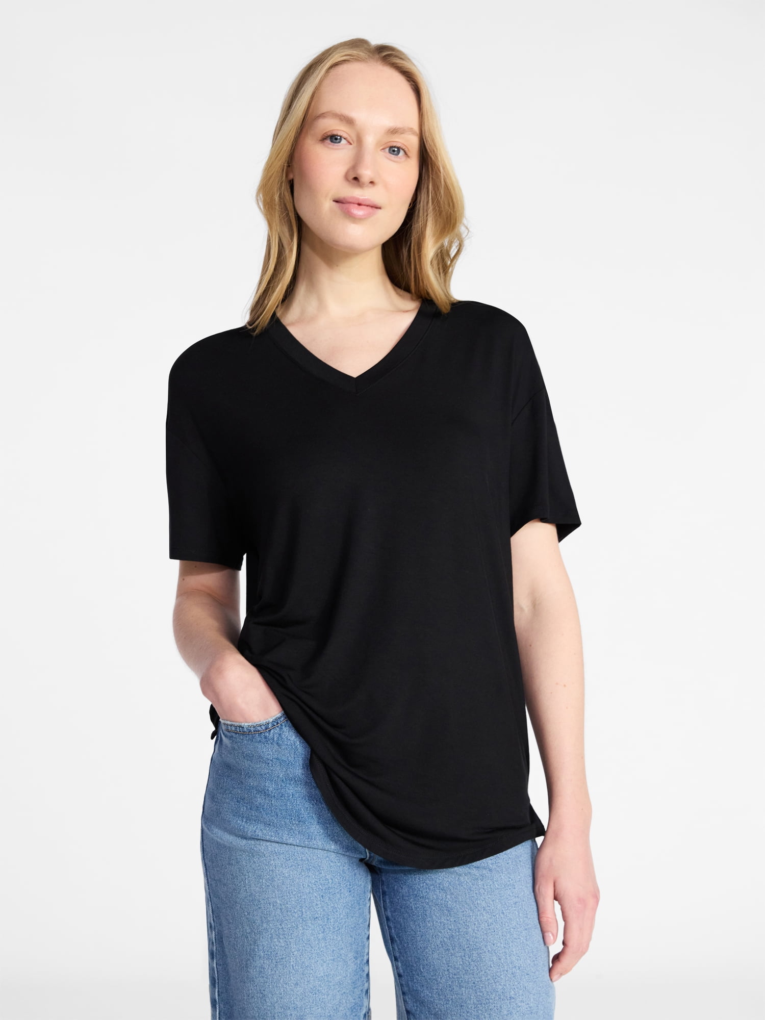 Time and Tru Women's V-Neck Tunic Tee with Short Sleeves, Sizes XS-XXXL