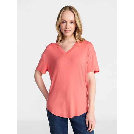 Time and Tru Women's V-Neck Tunic Tee with Short Sleeves, Sizes XS-XXXL