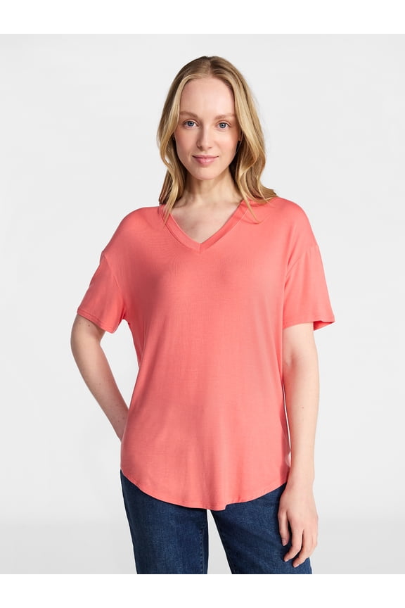 Women's V-Neck Tunic Tee with Short Sleeves, Sizes XS-XXXL