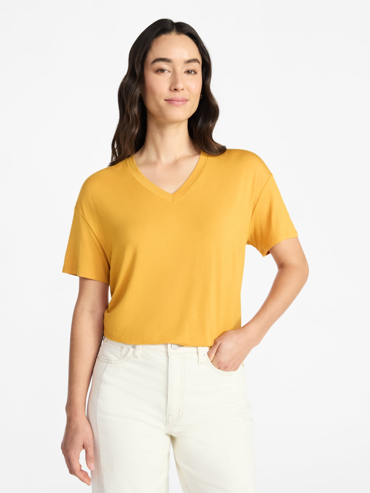 Time and Tru Women's V-Neck Tunic Tee with Short Sleeves, Sizes XS-XXXL
