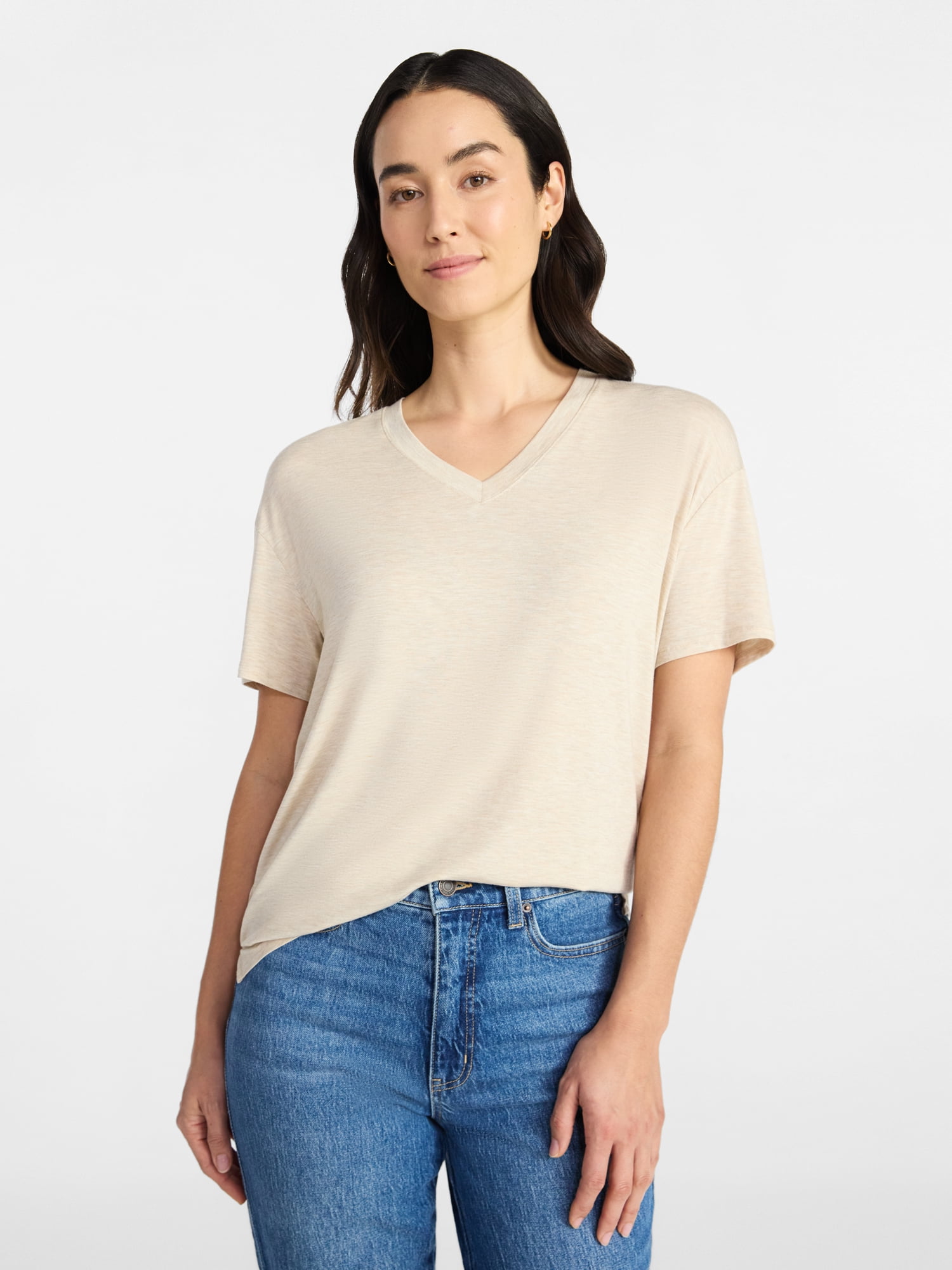 Time and Tru Women's V-Neck Tunic Tee with Short Sleeves, Sizes XS-XXXL