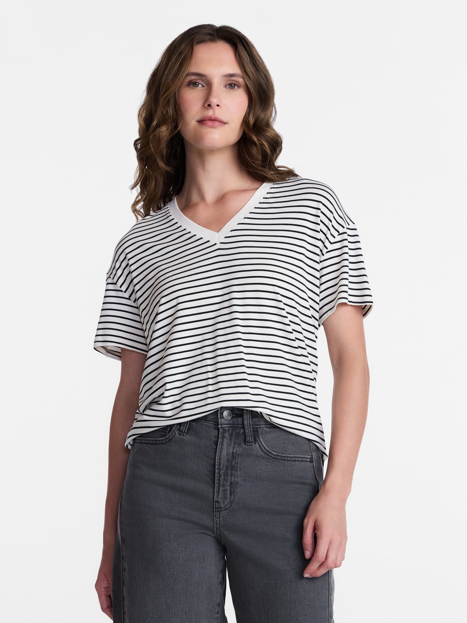 Time and Tru Women's V-Neck Tunic Tee with Short Sleeves, Sizes XS-XXXL