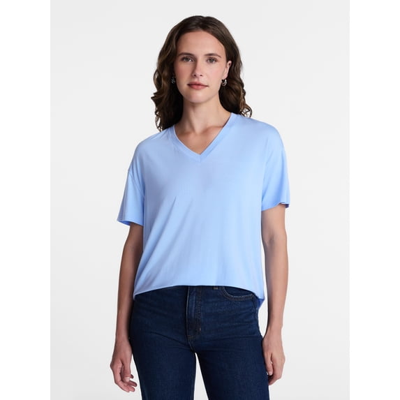 Time and Tru Women's V-Neck Tunic Tee with Short Sleeves, Sizes XS-XXXL