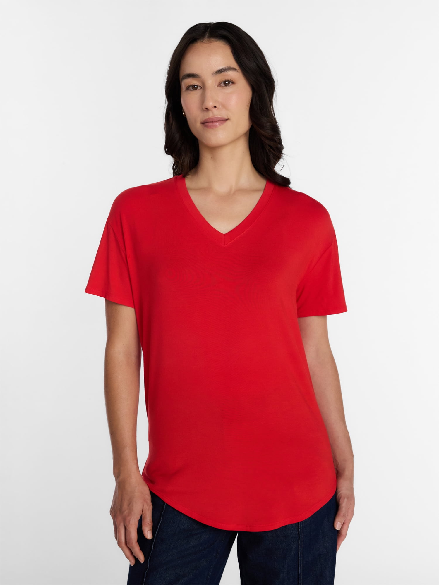 Time and Tru Women's V-Neck Tunic Tee with Short Sleeves, Sizes XS-XXXL