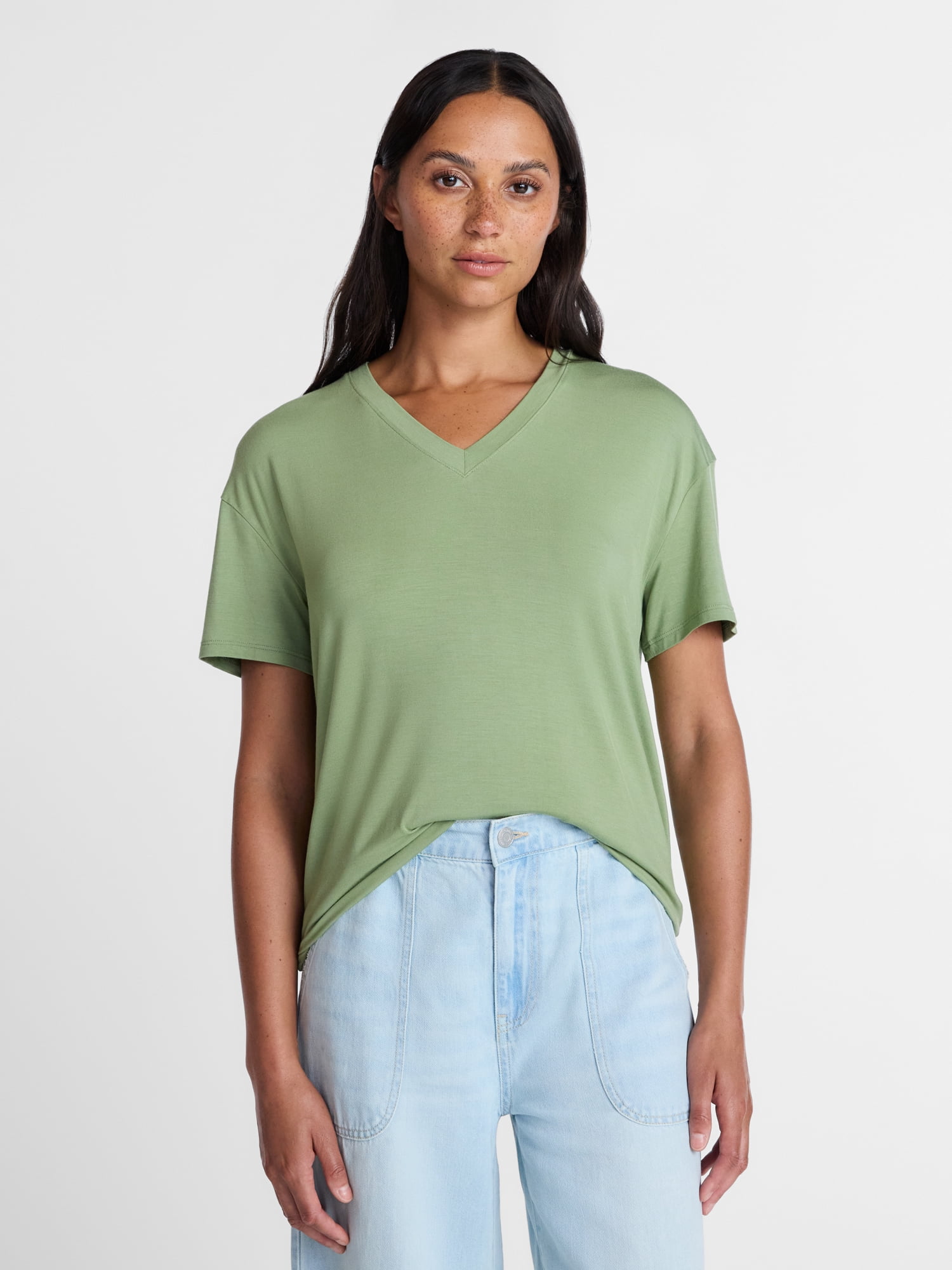 Time and Tru Women's V Neck Tunic Tee with Short Sleeves, Sizes XS-XXXL