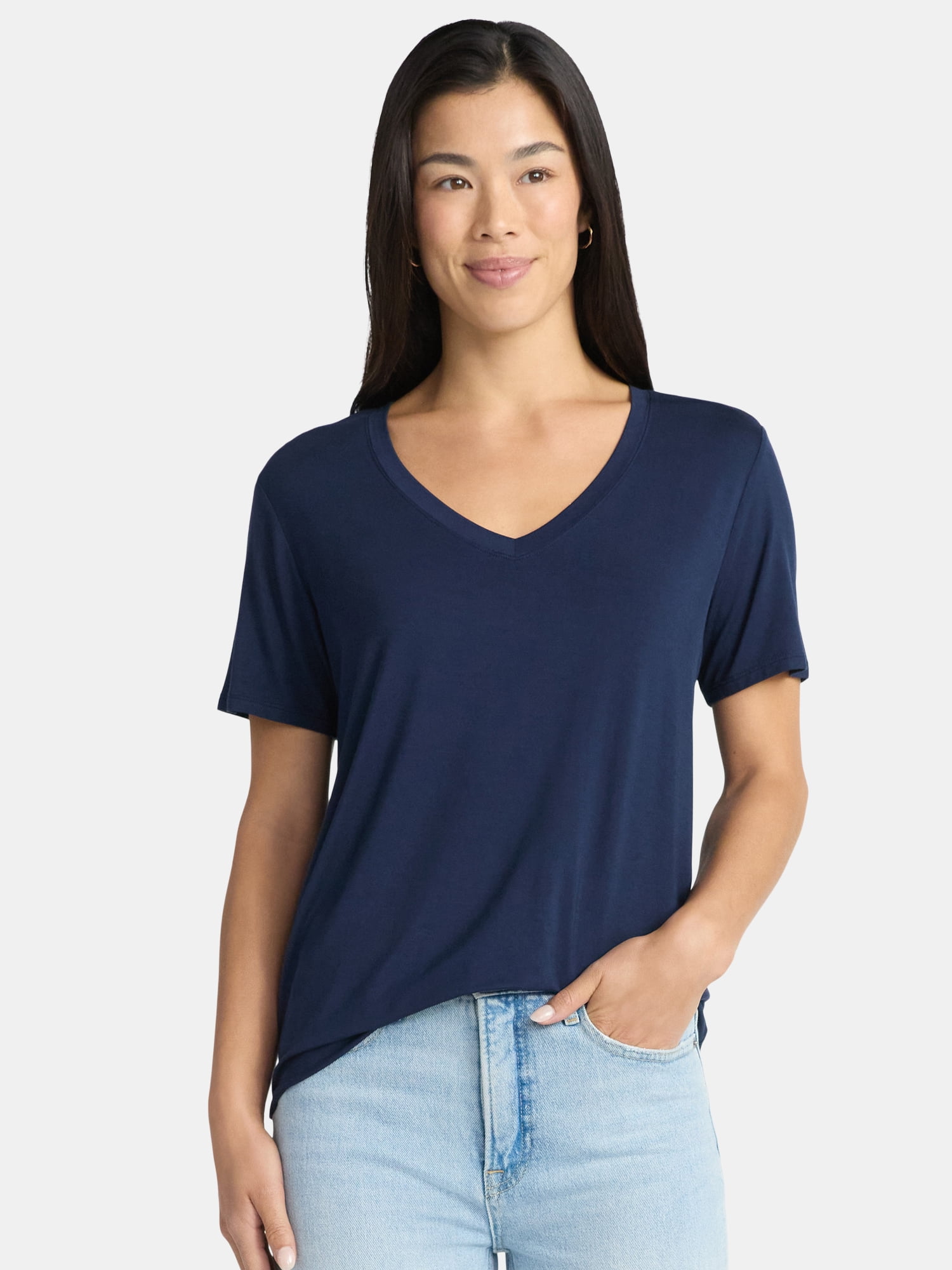 Time and Tru Women's V-Neck Tunic Tee with Short Sleeves, Sizes XS-XXXL