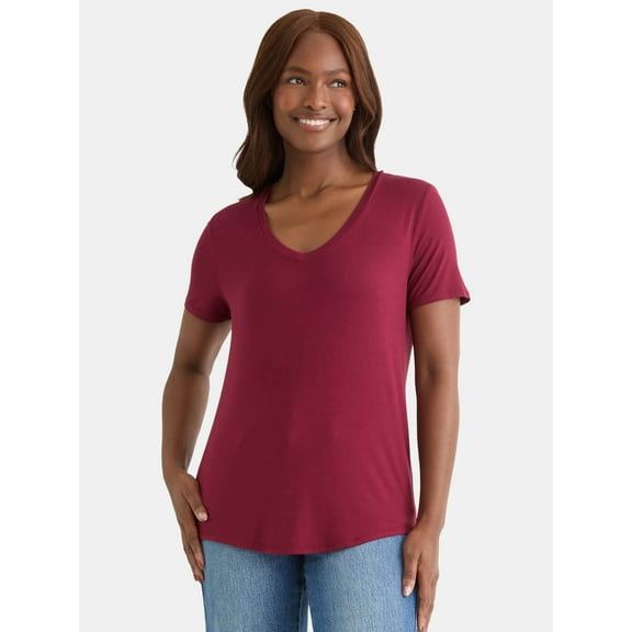 Time and Tru Women's V-Neck Tunic Tee with Short Sleeves, Sizes XS-XXXL