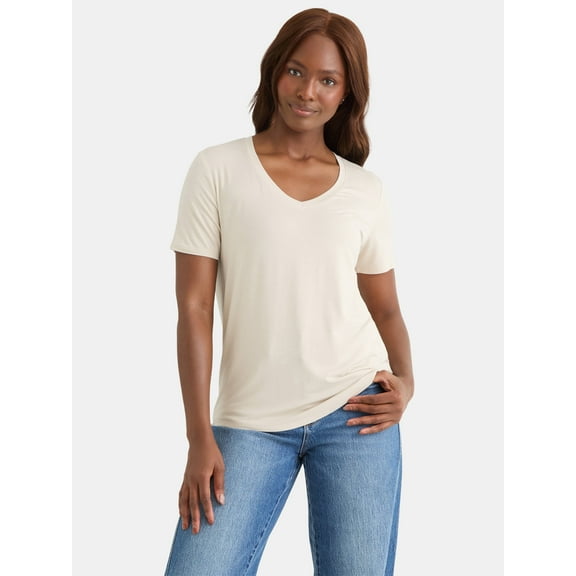 Time and Tru Women's V-Neck Tunic Tee with Short Sleeves, Sizes XS-XXXL