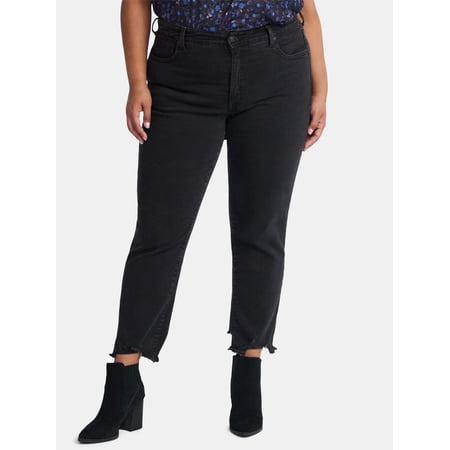 Time and Tru Women's High Rise Straight Leg Destructed Hem Jeans, 26" Inseam, Sizes 0-20