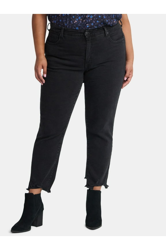 Women's High Rise Straight Leg Destructed Hem Jeans, 26" Inseam, Sizes 0-20