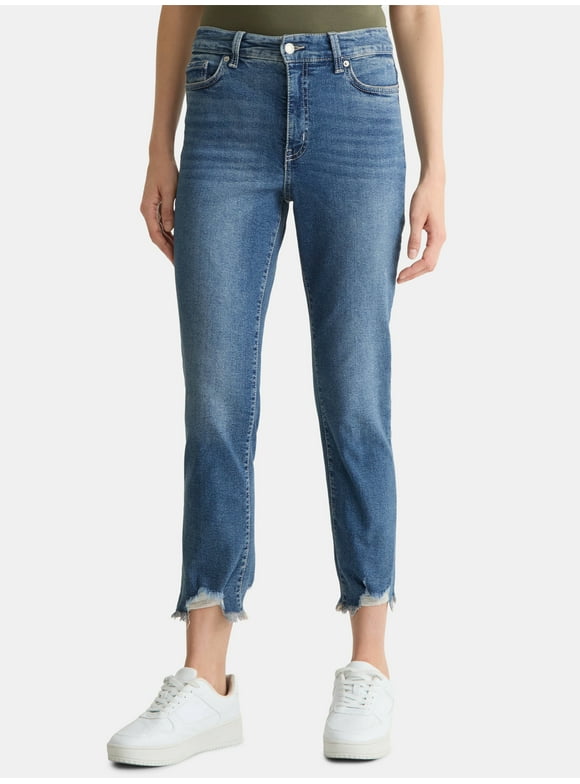 Women's High Rise Straight Leg Destructed Hem Jeans, 26" Inseam, Sizes 0-20