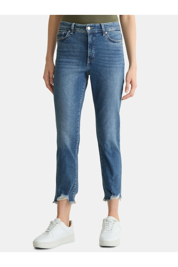 Women's High Rise Straight Leg Destructed Hem Jeans, 26" Inseam, Sizes 0-20