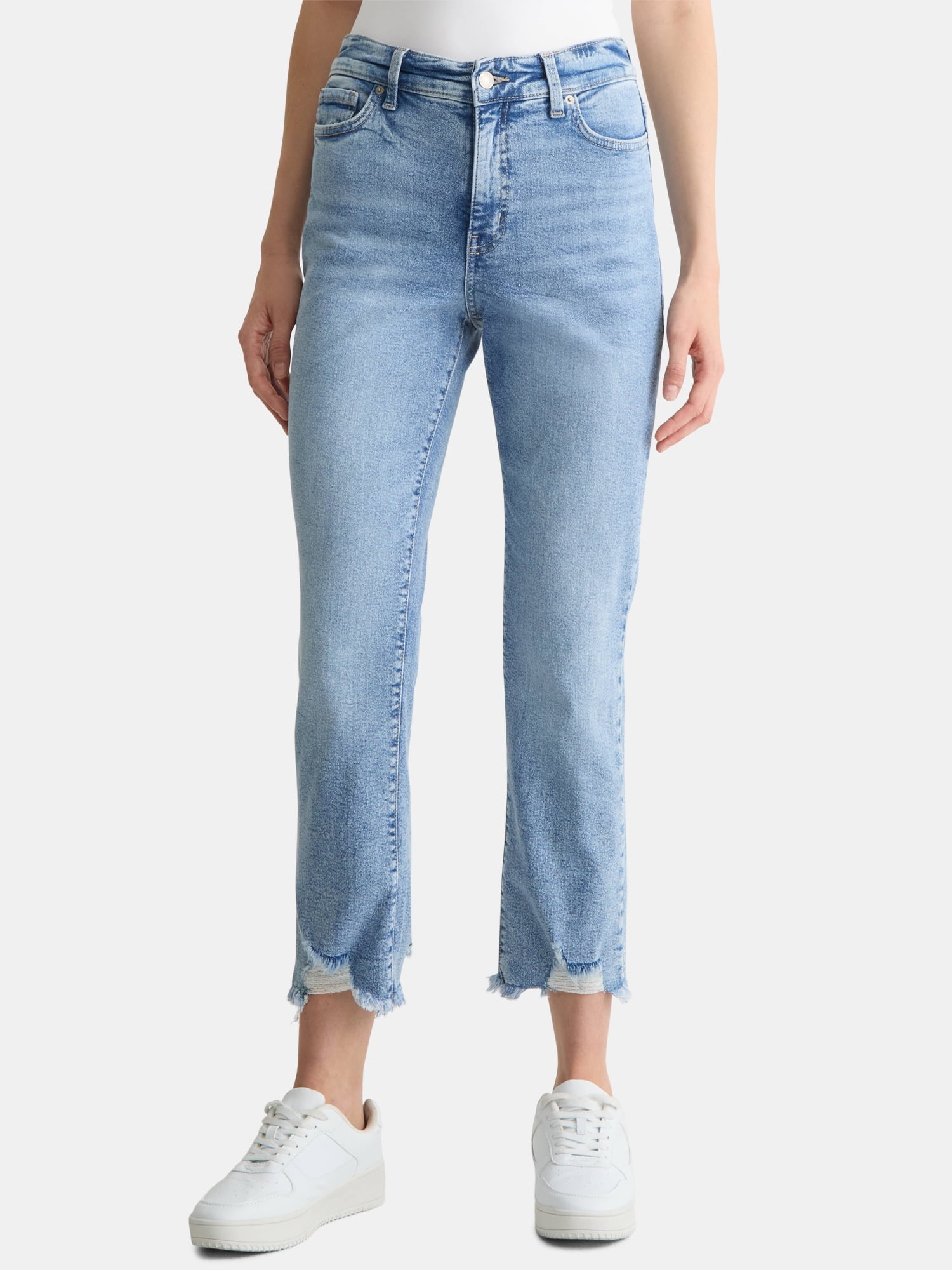 Time and Tru Women's High Rise Straight Leg Destructed Hem Jeans, 26" Inseam, Sizes 0-20