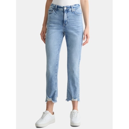 Time and Tru Women's High Rise Straight Leg Destructed Hem Jeans, 26" Inseam, Sizes 0-20