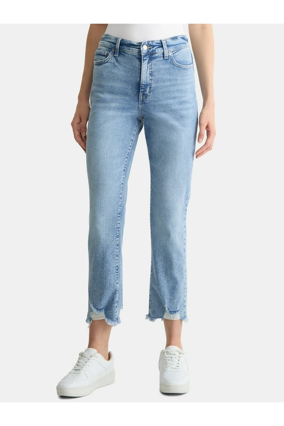 Women's High Rise Straight Leg Destructed Hem Jeans, 26" Inseam, Sizes 0-20